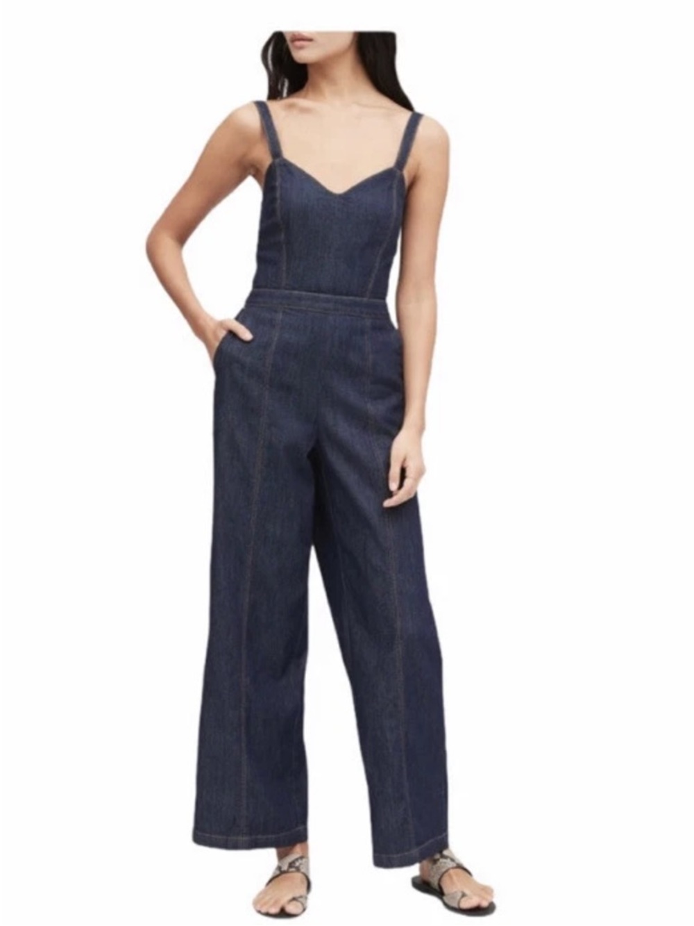 Banana Republic Sweetheart Denim Jumpsuit Open Back Detail With Pockets Petite